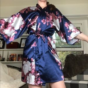 Silky Kimono Style Robe Blue Pink Floral